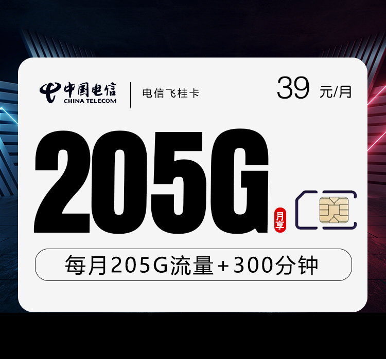 172号卡推荐:电信飞桂卡【39元205G+300分钟】
