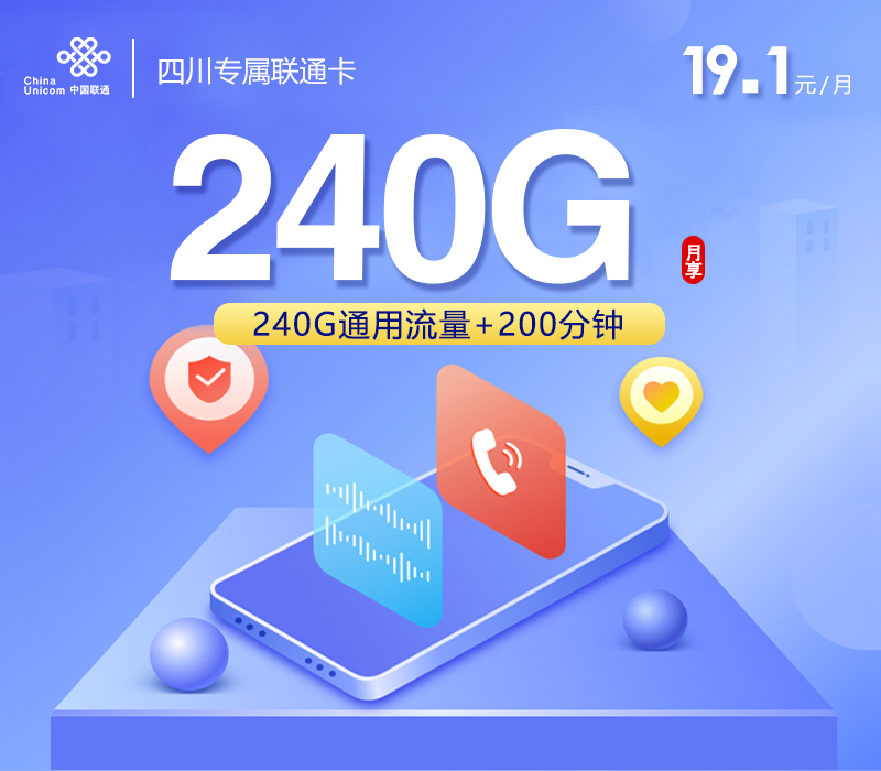 172号卡推荐:四川专属联通卡【19.1元240G+200分钟】